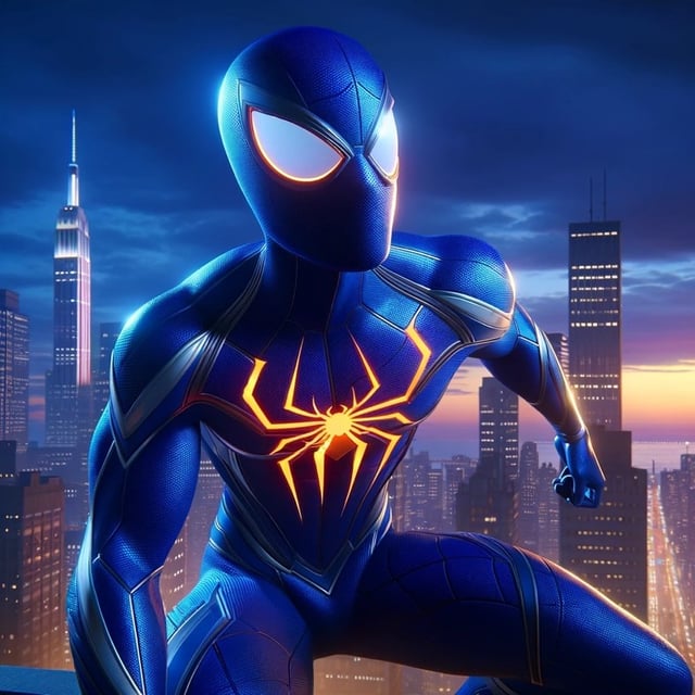 An original superhero character in a dynamic pose on top of a skyscraper. The character wears a royal blue suit with silver web patterns and a bright orange stylized spider emblem on the chest. The suit has a full-face mask with eye lenses that glow with a soft white light. The city skyline is in the background, portraying the time of dusk with hues of purple and orange in the sky. The superhero is in a vigilant stance, looking over the city, suggesting a sense of duty and readiness.