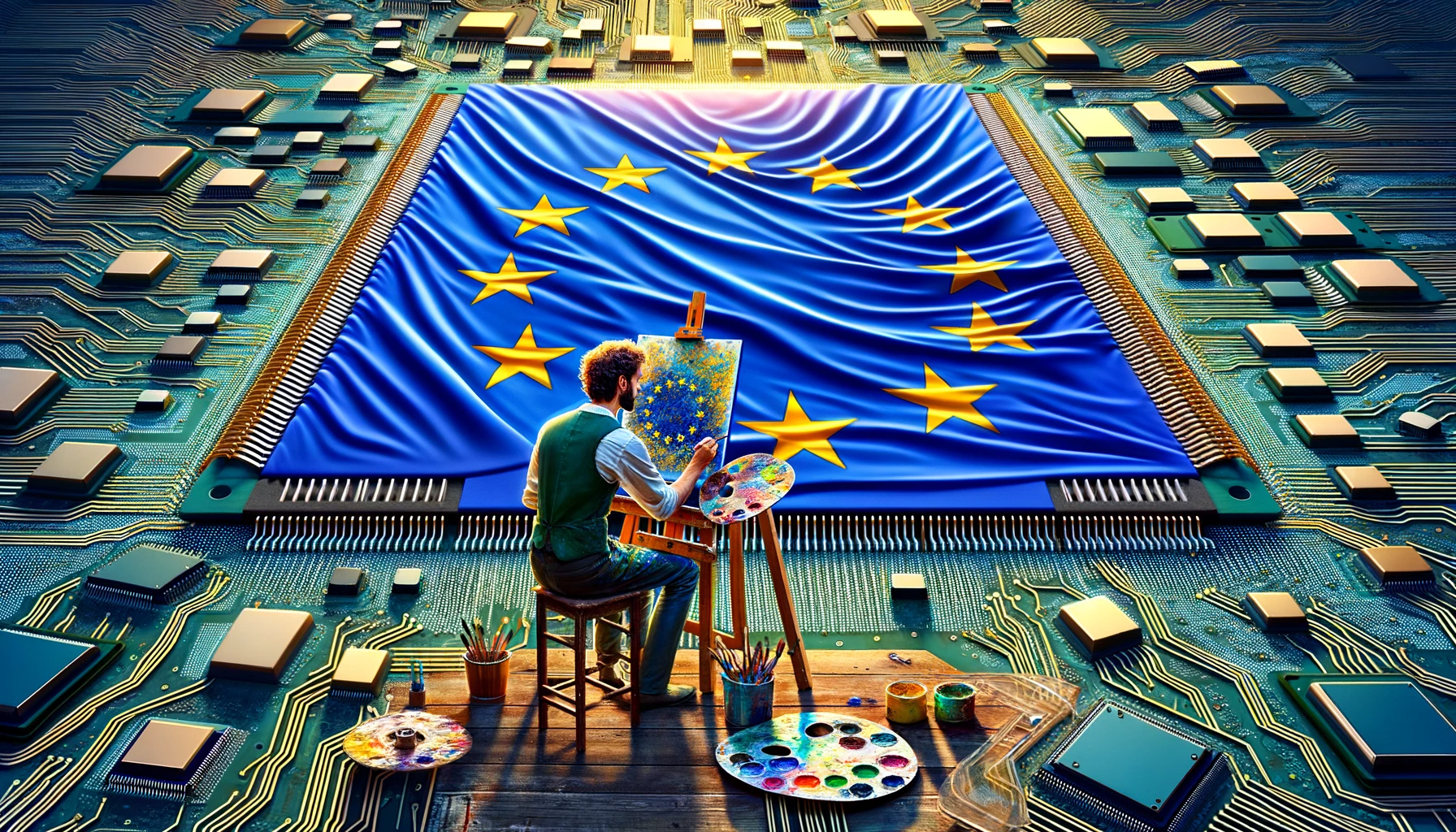 AI generert bilde med en person som maler et blått flagg med stjerner (EU flagget)