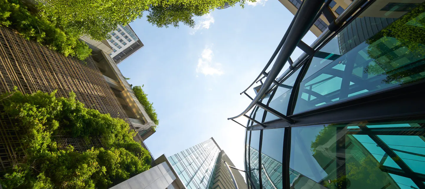 Høye, moderne bygninger omringet av grønn natur sett fra froskeperspektiv.